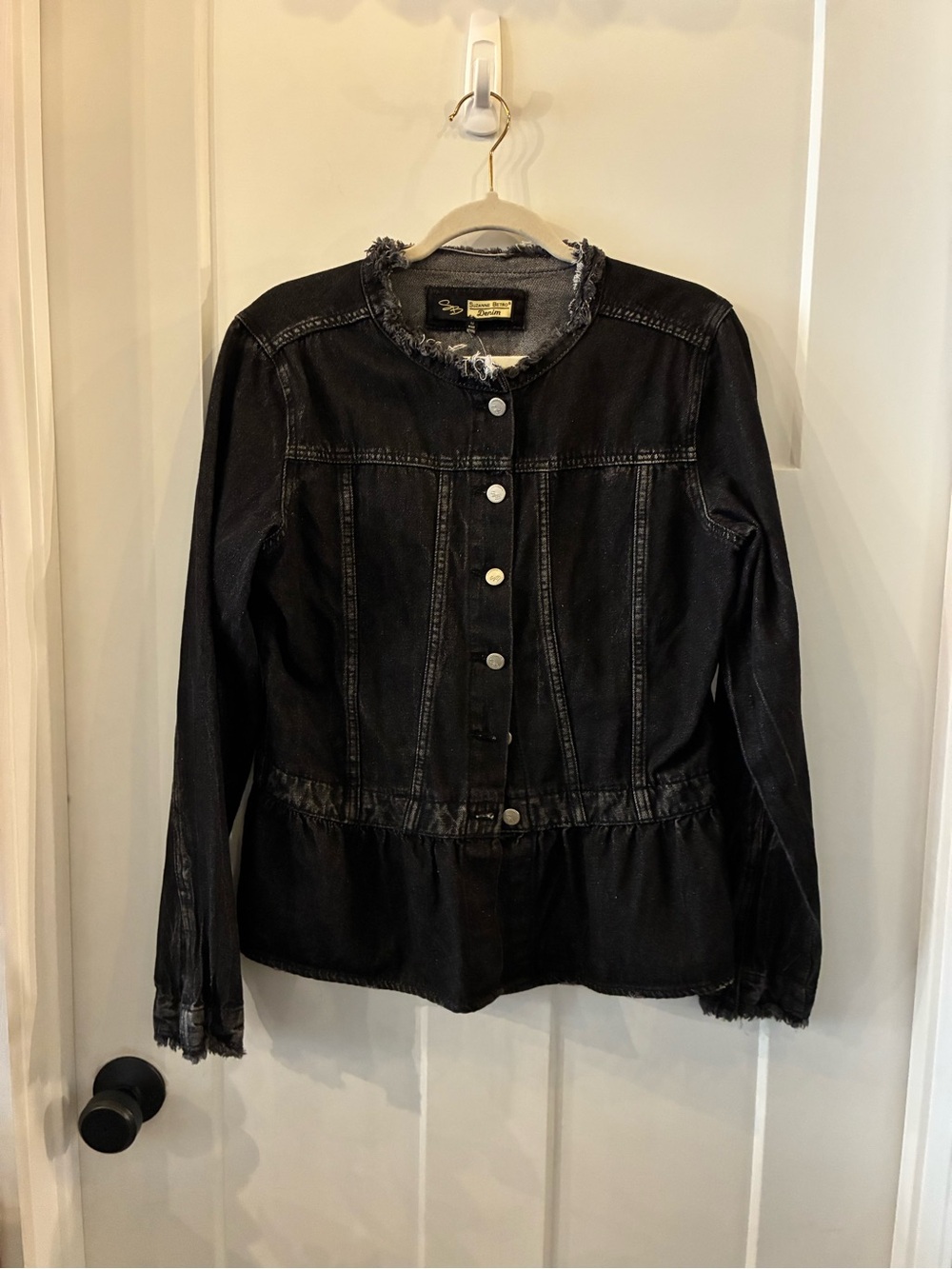 Suzanne Betro Black Denim Jacket with Frayed Trim